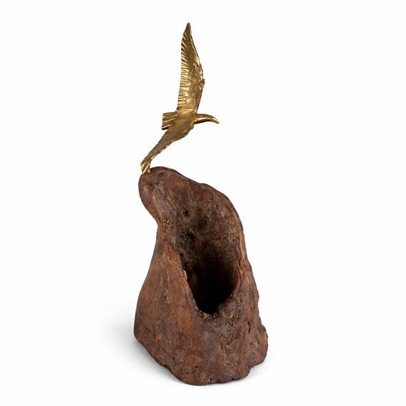 Vintage Brass Bird Sculpture on Burl Wood | Mid-Century Boho Nature Art