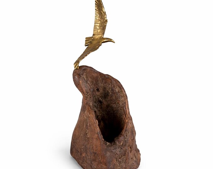 Vintage Brass Bird Sculpture on Burl Wood | Mid-Century Boho Nature Art