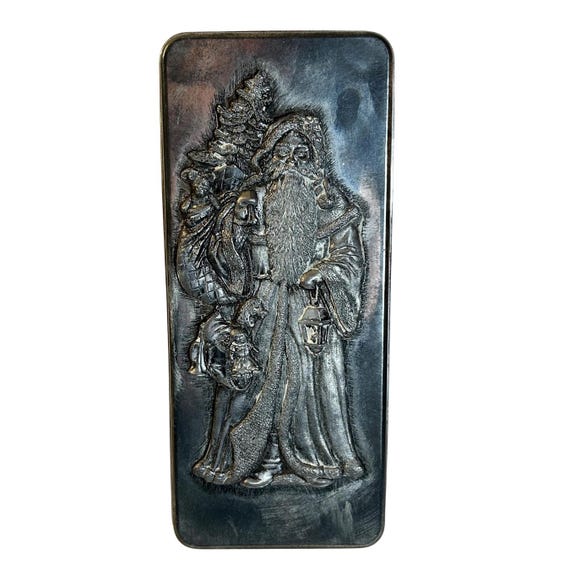Vintage Rectangle Metzke Pewter Holiday Santa Tin Box Christmas Tree Decor