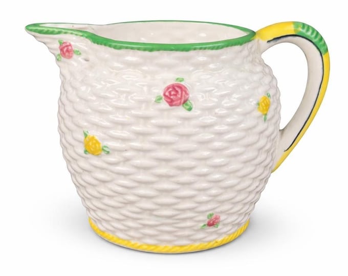 Vintage Japan Ceramic Pitcher Basketweave Floral Creamer Cottagecore Milk Jug Green Trim Rose Pattern