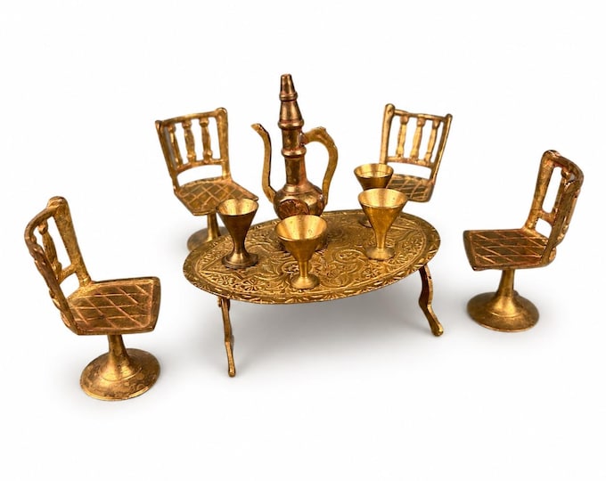 Vintage Brass Dollhouse Tea Set Miniature Table Chairs Teapot Goblets Maharaja Turkish Style Decor