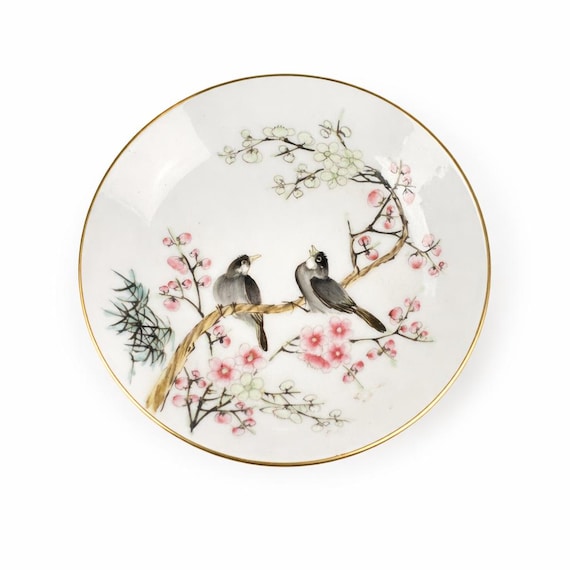 Vintage Porcelain Bird Plate: Floral Blossoms, Gold Trim, Cottagecore Decor