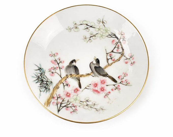 Vintage Porcelain Bird Plate: Floral Blossoms, Gold Trim, Cottagecore Decor