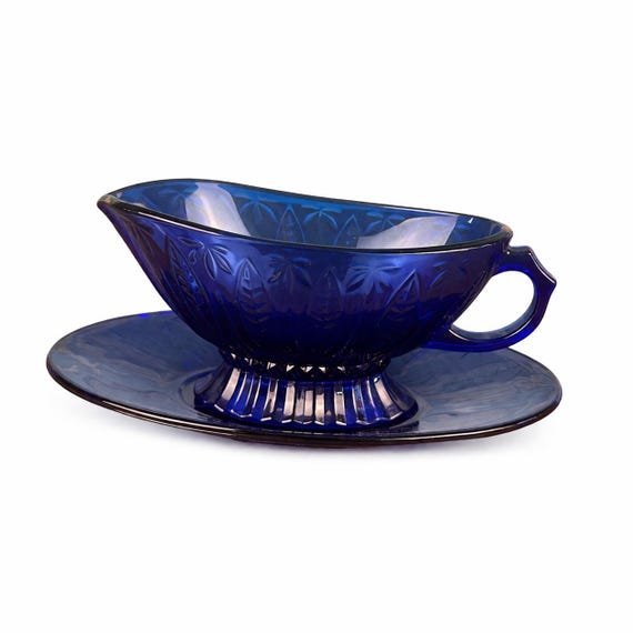 Vintage Avon Royal Sapphire Gravy Boat w/Underplate, Cobalt Blue Pressed Glass Leaf Pattern