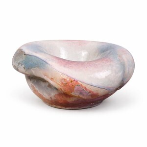 Handmade Raku Pottery Bowl: Large Oval Abstract Sculpture, Blue & Red Glaze