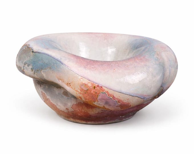 Handmade Raku Pottery Bowl: Large Oval Abstract Sculpture, Blue & Red Glaze