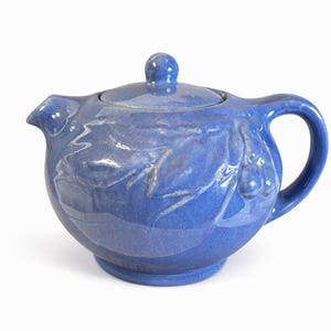 Vintage 1930s Blue Glaze stoneware pottery Teapot with Cherry Leaves