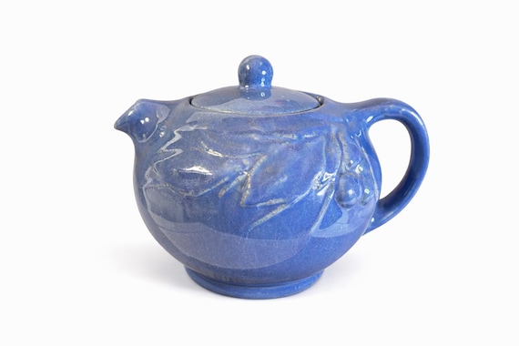 Vintage 1930s Blue Glaze stoneware pottery Teapot with Cherry Leaves