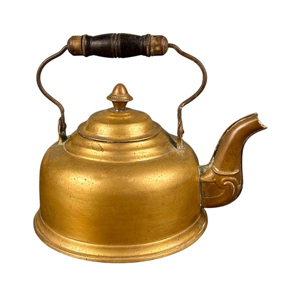 Antique Brass Kettle | European Rustic Decor, Wooden Handle