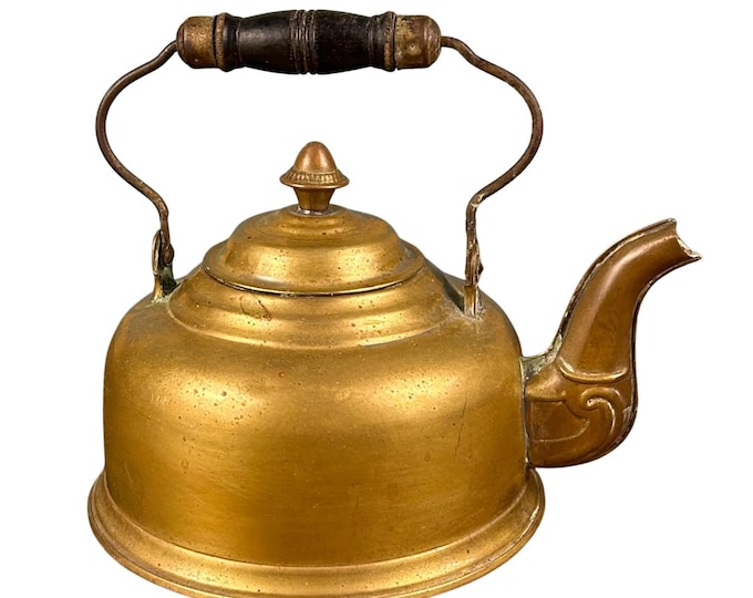 Antique Brass Kettle | European Rustic Decor, Wooden Handle