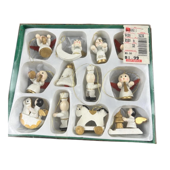 Set of 12 Brubaker Hand-Painted Wooden Guardian Angel Christmas Ornaments | Designed in Germany
