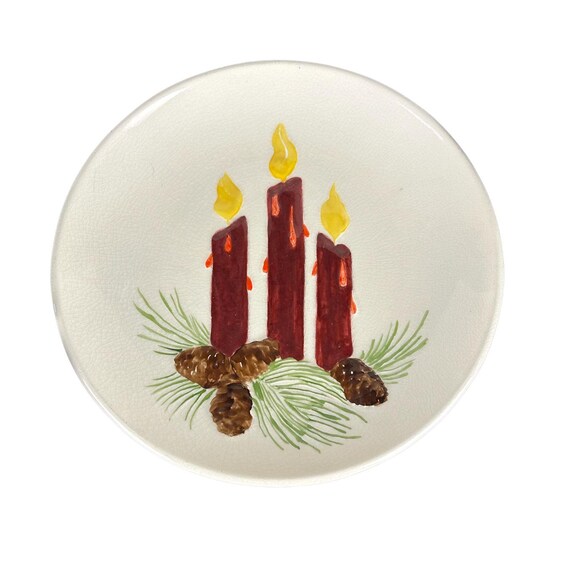 Vintage MCM Handpainted Ceramic Christmas Cabinet Plate with Candles & Pinecones