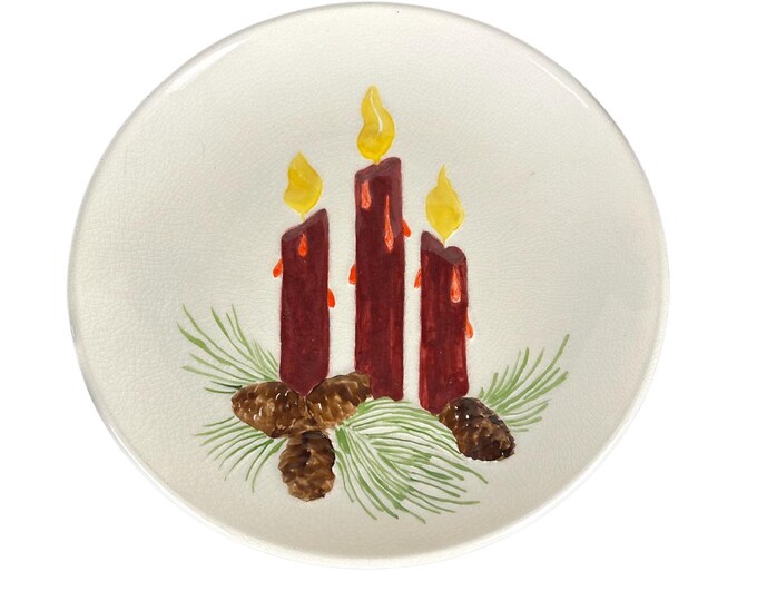 Vintage MCM Handpainted Ceramic Christmas Cabinet Plate with Candles & Pinecones