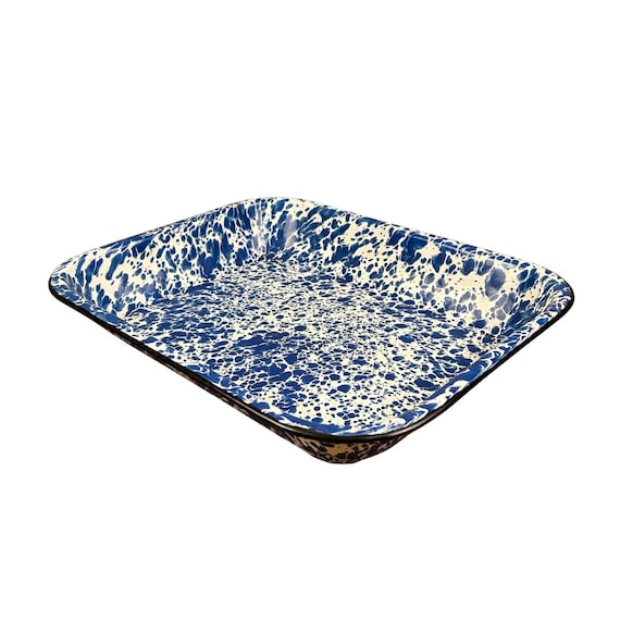 Vintage Blue & White Splatter Enamel Pan | Oblong Enamelware Serving Dish | 13 1/4”
