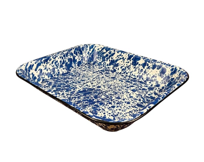 Vintage Blue & White Splatter Enamel Pan | Oblong Enamelware Serving Dish | 13 1/4”