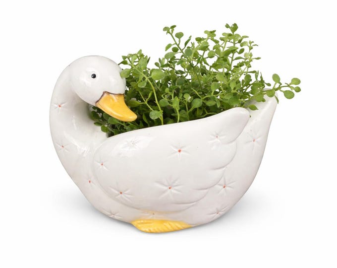 Vintage Ceramic Swan Planter: 1950s-1960s White Yellow Beak Starburst Pot