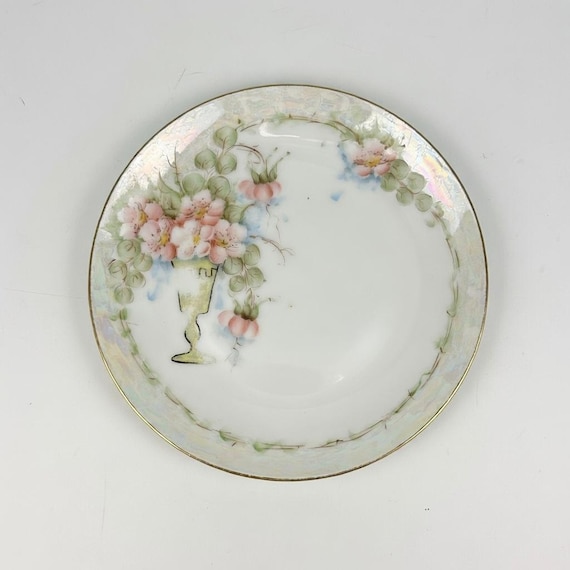 Antique Gohram Hand-Painted Floral Plate – Pearlized Gold Trim Porcelain (6 1/4”)