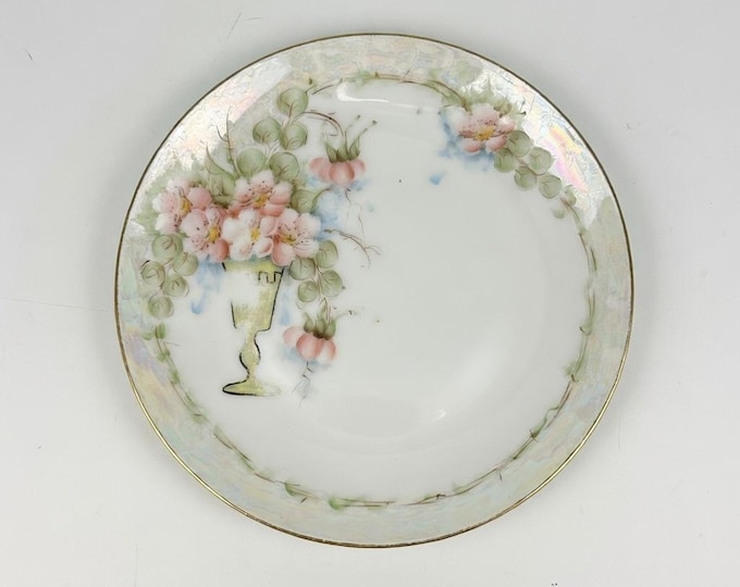 Antique Gohram Hand-Painted Floral Plate – Pearlized Gold Trim Porcelain (6 1/4”)