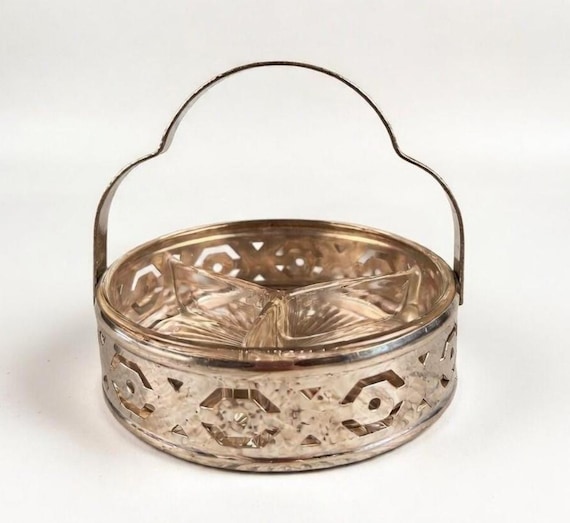 1930s Paden City Depression Glass Three Divider Trinket in Art Deco Tin Tray