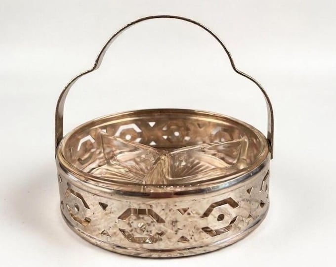 1930s Paden City Depression Glass Three Divider Trinket in Art Deco Tin Tray