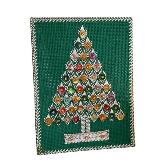 Vintage Hand-Beaded Christmas Book Cover: Embroidered Plastic Canvas Tree