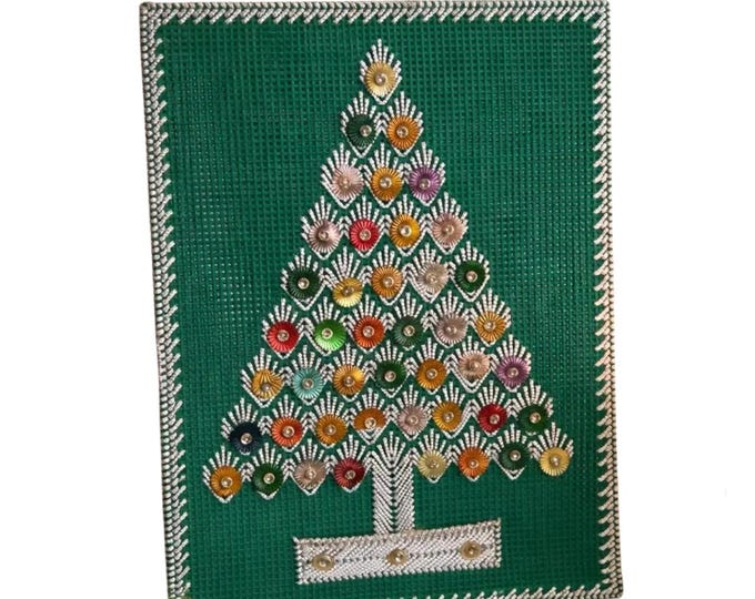 Vintage Hand-Beaded Christmas Book Cover: Embroidered Plastic Canvas Tree