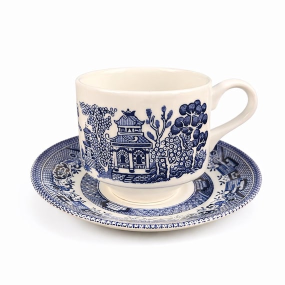 Vintage Churchill Blue Willow Teacup Saucer Set, Made England Fine China
