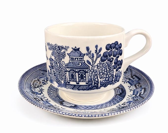 Vintage Churchill Blue Willow Teacup Saucer Set, Made England Fine China
