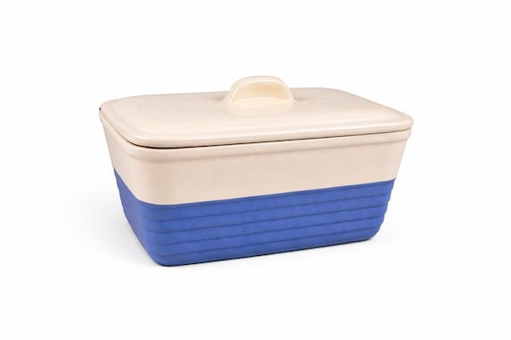 Vintage Universal Potteries Refrigerator Dish – Blue Cream Ringware Casserole Storage