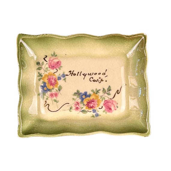 Vintage Miniature Trinket Dish HandPainted Floral Hollywood, California Souvenir