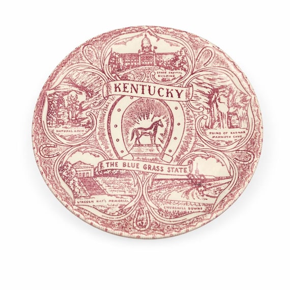 Vintage Kentucky Blue Grass State Souvenir Plate: Horse, Horseshoe, Landmarks (1950s-1960s)