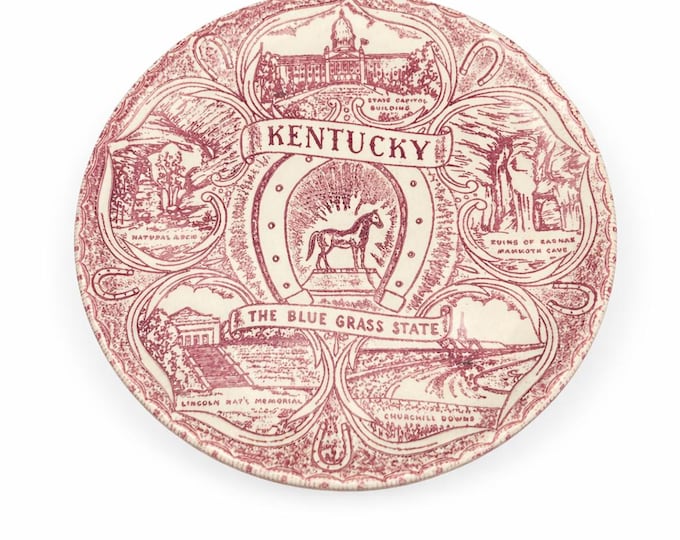 Vintage Kentucky Blue Grass State Souvenir Plate: Horse, Horseshoe, Landmarks (1950s-1960s)