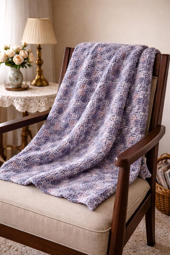 Vintage Purple Gray Pink Hand-knitted Baby Blanket Lap Throw 37" Square