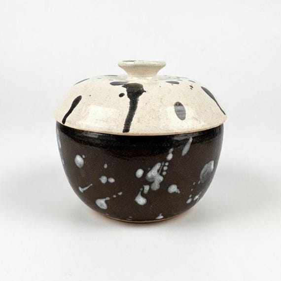 Vintage Studio Pottery Covered Bowl – Black White Drip Glaze Stoneware – Hand Thrown Ceramic Vessel