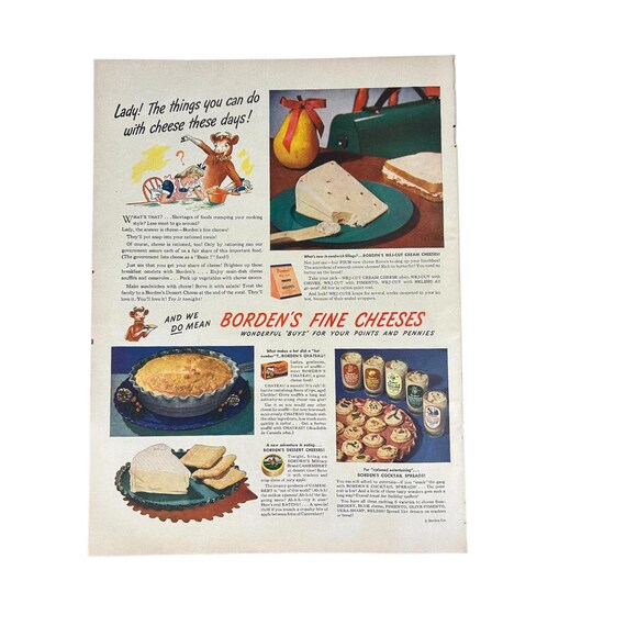 Vintage 1944 Borden Cheese Ad – Elsie Cow WWII Kitchen Print
