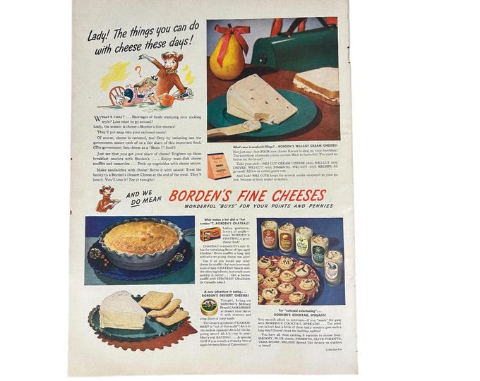 Vintage 1944 Borden Cheese Ad – Elsie Cow WWII Kitchen Print