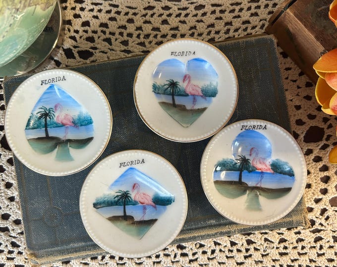 Florida Souvenir Ashtrays: Flamingo Card Suit Plates, Set of 4