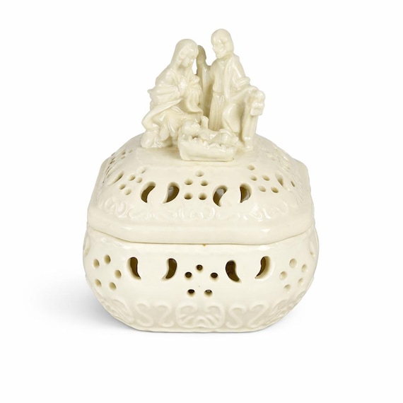 Vintage Ivory Ceramic Nativity Scene Trinket or Rosary Box with cut-out details