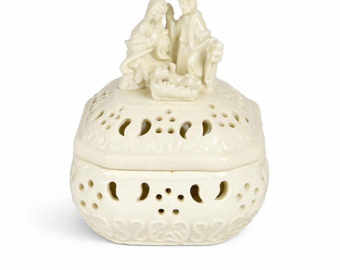 Vintage Ivory Ceramic Nativity Scene Trinket or Rosary Box with cut-out details