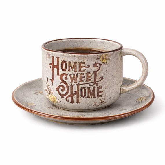 Vintage "Home Sweet Home" Stoneware Mug & Saucer Set – 1970s Japan, Farmhouse Kitchen, Sold individually