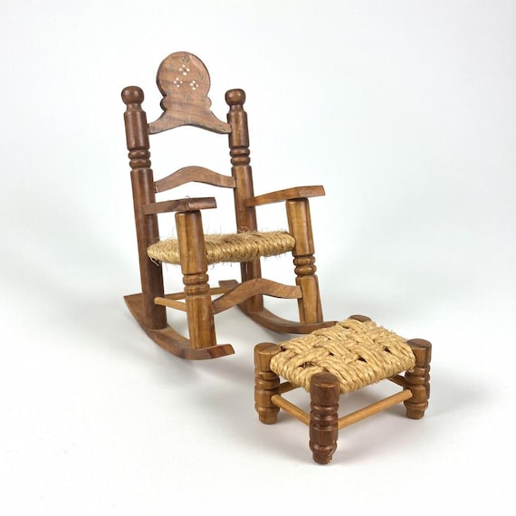Vintage Artisan Dollhouse Rocking Chair Footstool Set | Hand-Carved Wood, Woven Seat, Ladder Back