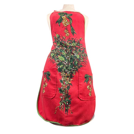 Vintage Holiday Apron - Handmade with Side Pockets, Bells & Greenery, Tie Waist Design