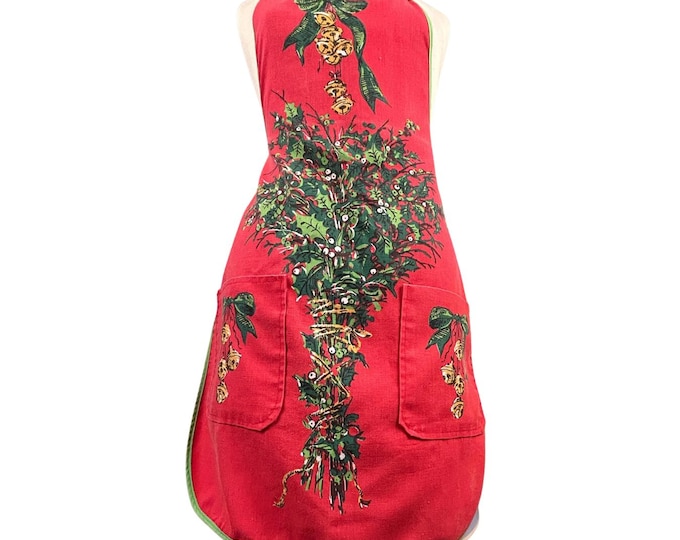 Vintage Holiday Apron - Handmade with Side Pockets, Bells & Greenery, Tie Waist Design