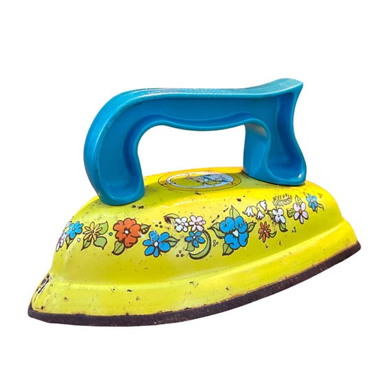 Vintage SUNNIE MISS Tin Toy Iron: Yellow Floral Retro Decor