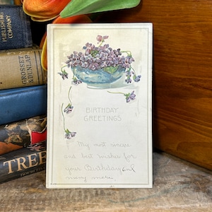 Antique 1918 Birthday Greetings Embossed Postcard Vintage Ephemera Pansies Purple Embossed