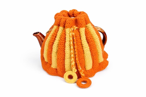 Vintage Hand Knit Bachelor Tea Cosy – Orange Wool Teapot Cover – Retro Crochet Ring Detail