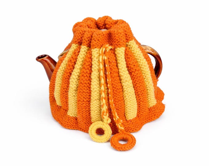 Vintage Hand Knit Bachelor Tea Cosy – Orange Wool Teapot Cover – Retro Crochet Ring Detail