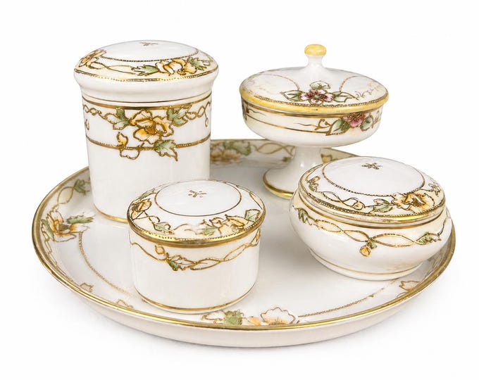 Antique Nippon Porcelain Vanity Set: Hand-Painted Floral Gold Gilt Dresser Tray