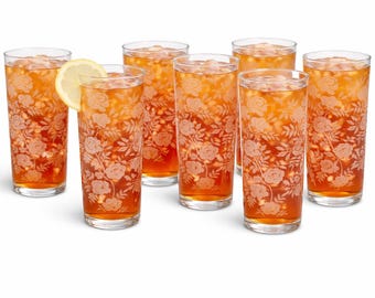 Vintage Glasses Libbey Set Of 7 White Roses Highball Glasses MCM