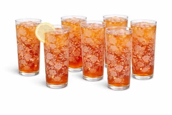 Vintage Glasses Libbey Set Of 7 White Roses Highball Glasses MCM